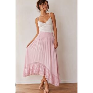 NWT Urban Outfitters Pink Boho Midi Skirt Lace Trim Handkerchief Hem Cottagecore